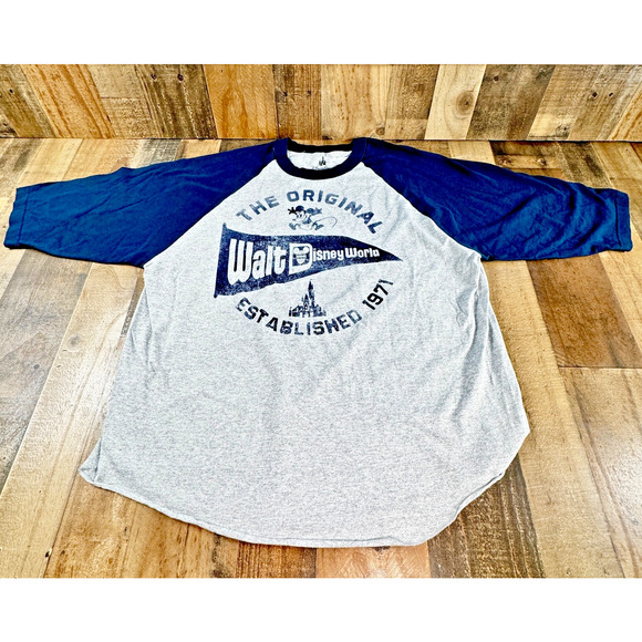 WALT DISNEY WORLD Baseball Shirt Gray w Blue Sleeves Mens Size XXL Disney Parks - Picture 1 of 8